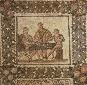 A 3rd c. CE mosaic of men playing on a tabula (El Djem, Tunisia). 
